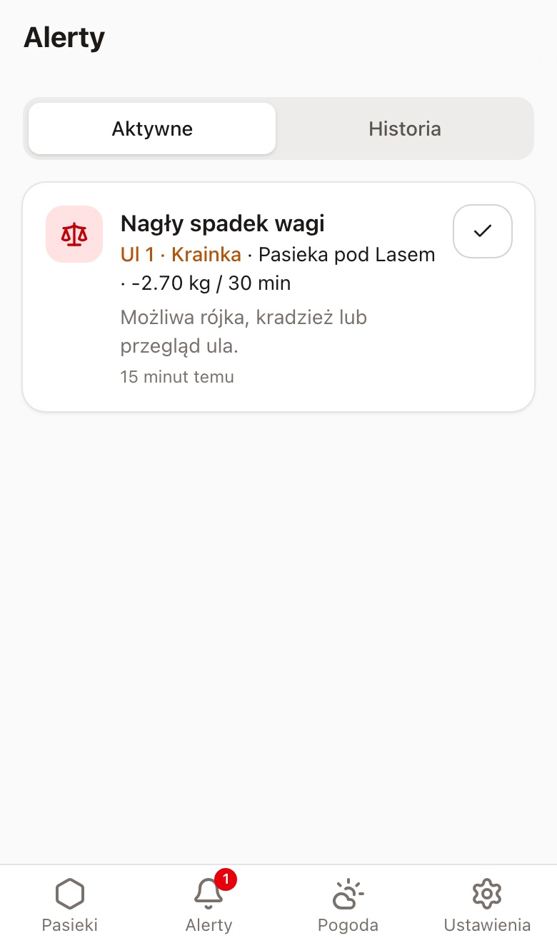 Lista alertów: nagły spadek wagi o 2,7 kg w 30 minut z podpowiedzią o możliwej rójce oraz niski poziom baterii
