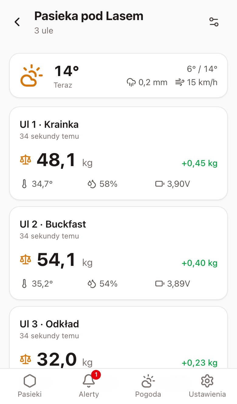 Ekran pasieki w aplikacji: kafelki uli z wagą, zmianą wagi z 24 godzin, temperaturą i baterią oraz bieżąca pogoda